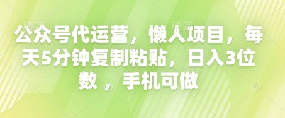 公众号代运营，懒人项目，每天5分钟复制粘贴，日入3位数 ，手机可做-山河资源网