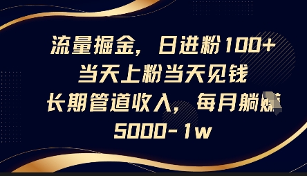 流量掘金,日进粉100+,当天上粉当天见钱,长期管道收入,每月躺挣5k-山河资源网